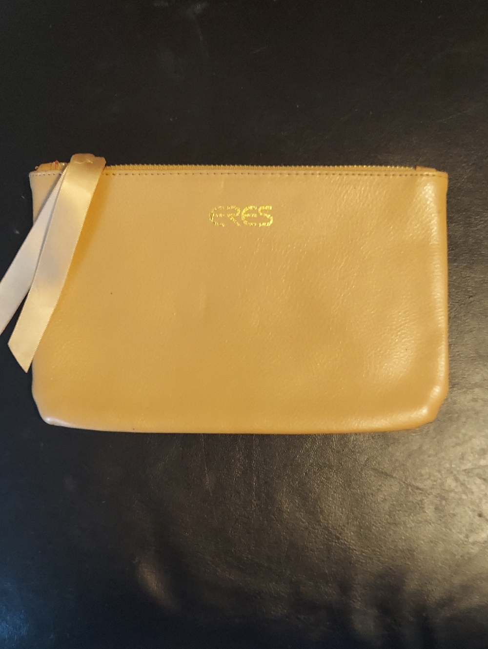 ERES Zip Clutch Bag, Leather Beige, Gold Accents, Zip Closure, Ribbon